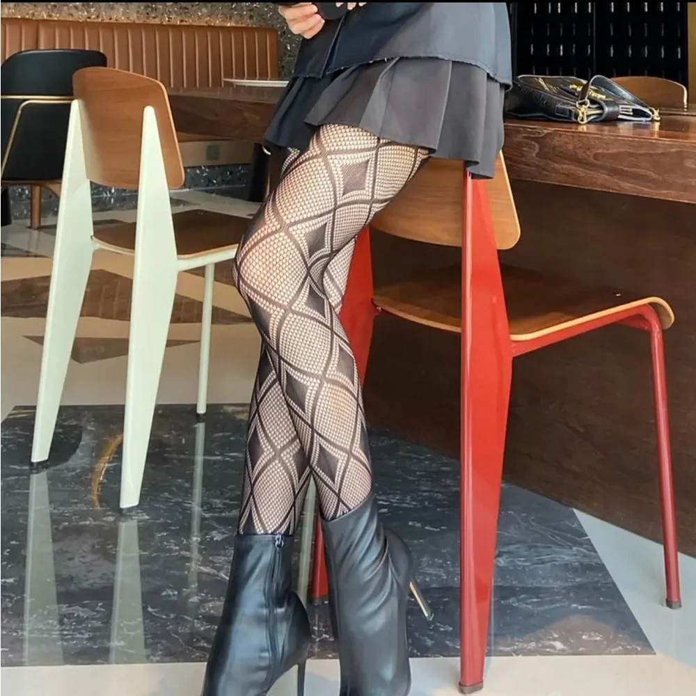 Argyle Jacquard Hollow Out Tights High Waist Comfy Pantyhose Black One Size‎